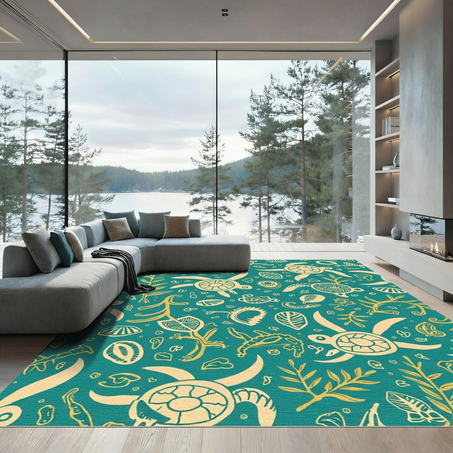 Teal Yellow Turtle Sea Plants Medley Rug