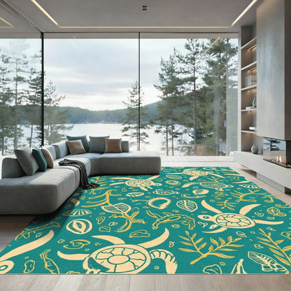 Teal Yellow Turtle Sea Plants Medley Rug