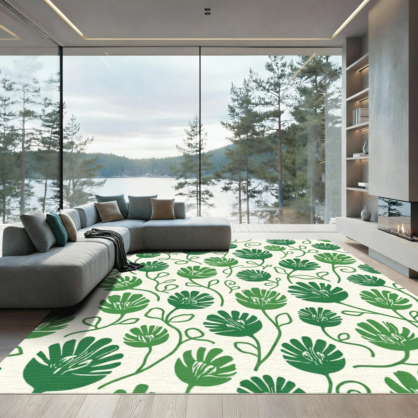 Green Floral Vine Meadow Rug