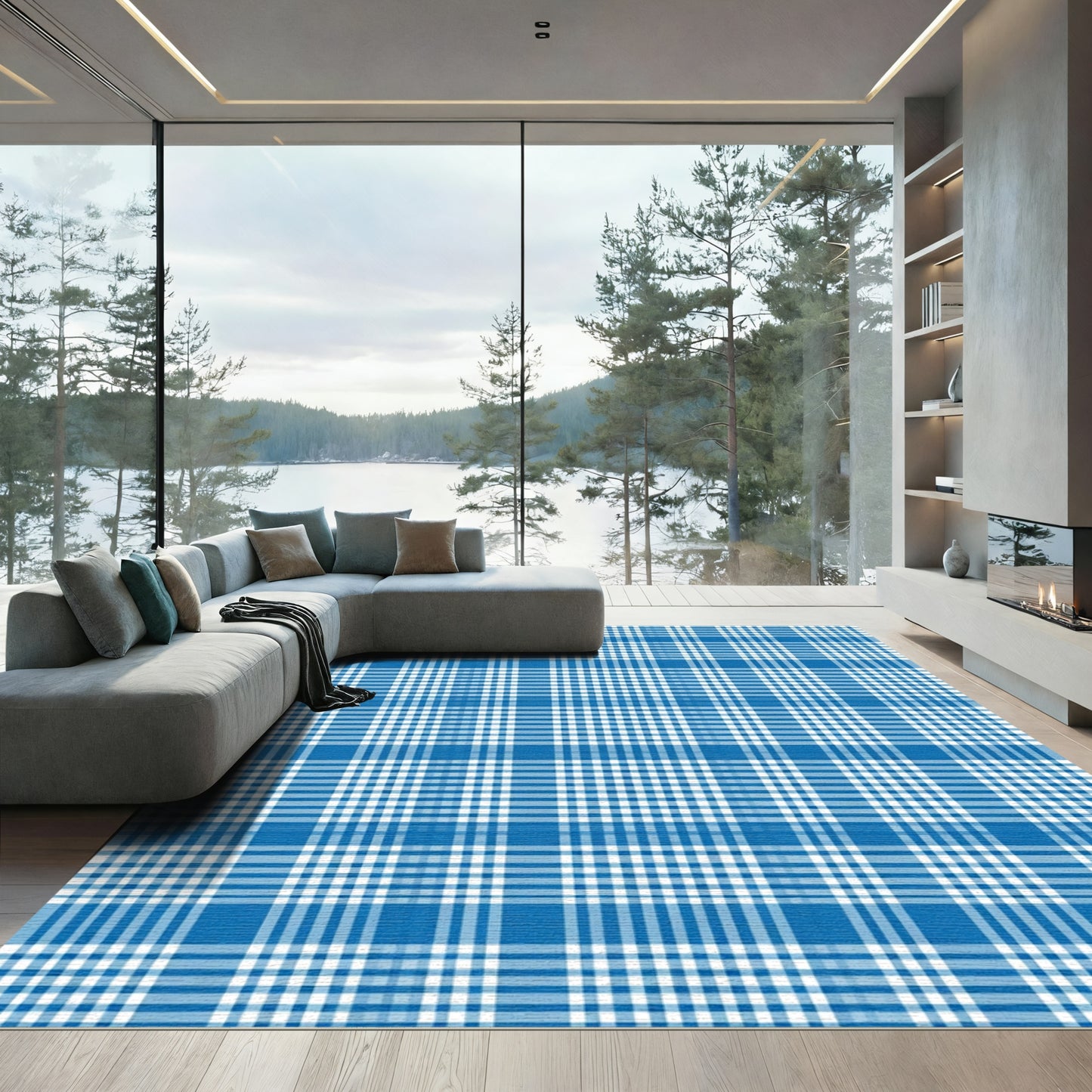 Classic Blue and White Plaid Grid Rug