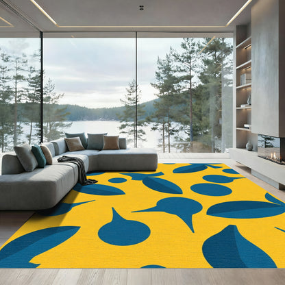 Deep Blue Abstract Shapes Yellow Background Rug