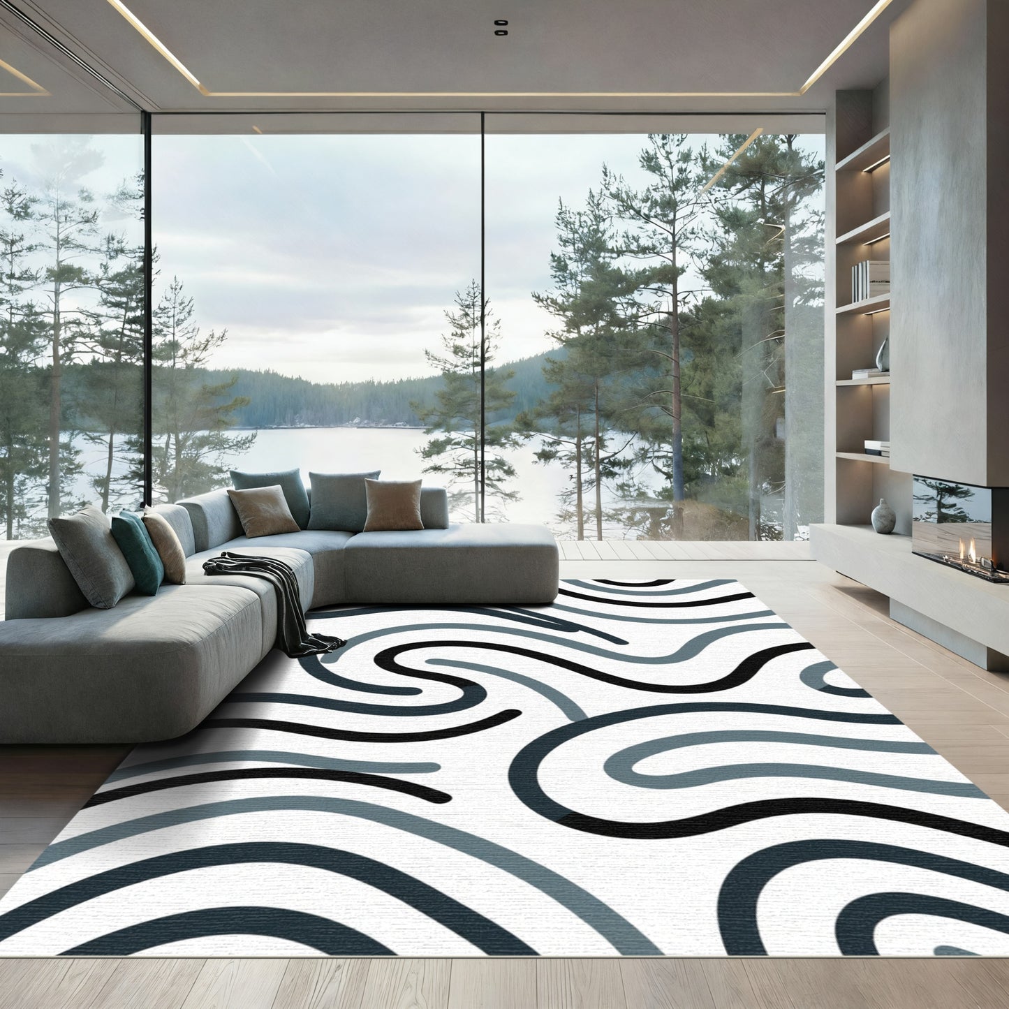 Cool Blue Swirling Lines Rug
