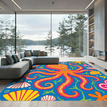 Orange Octopus Floral Sea Creatures Rug