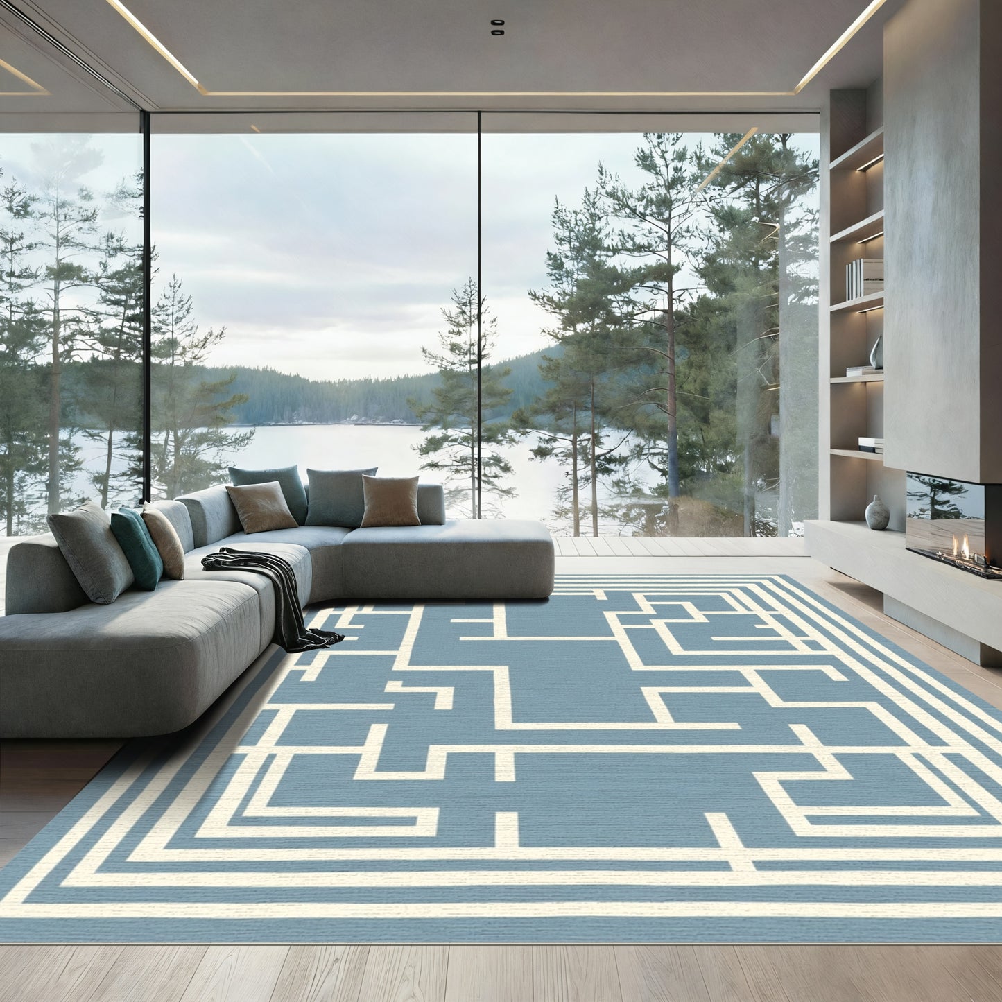 Blue White Maze Lines Rug