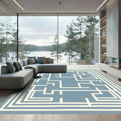 Blue White Maze Lines Rug