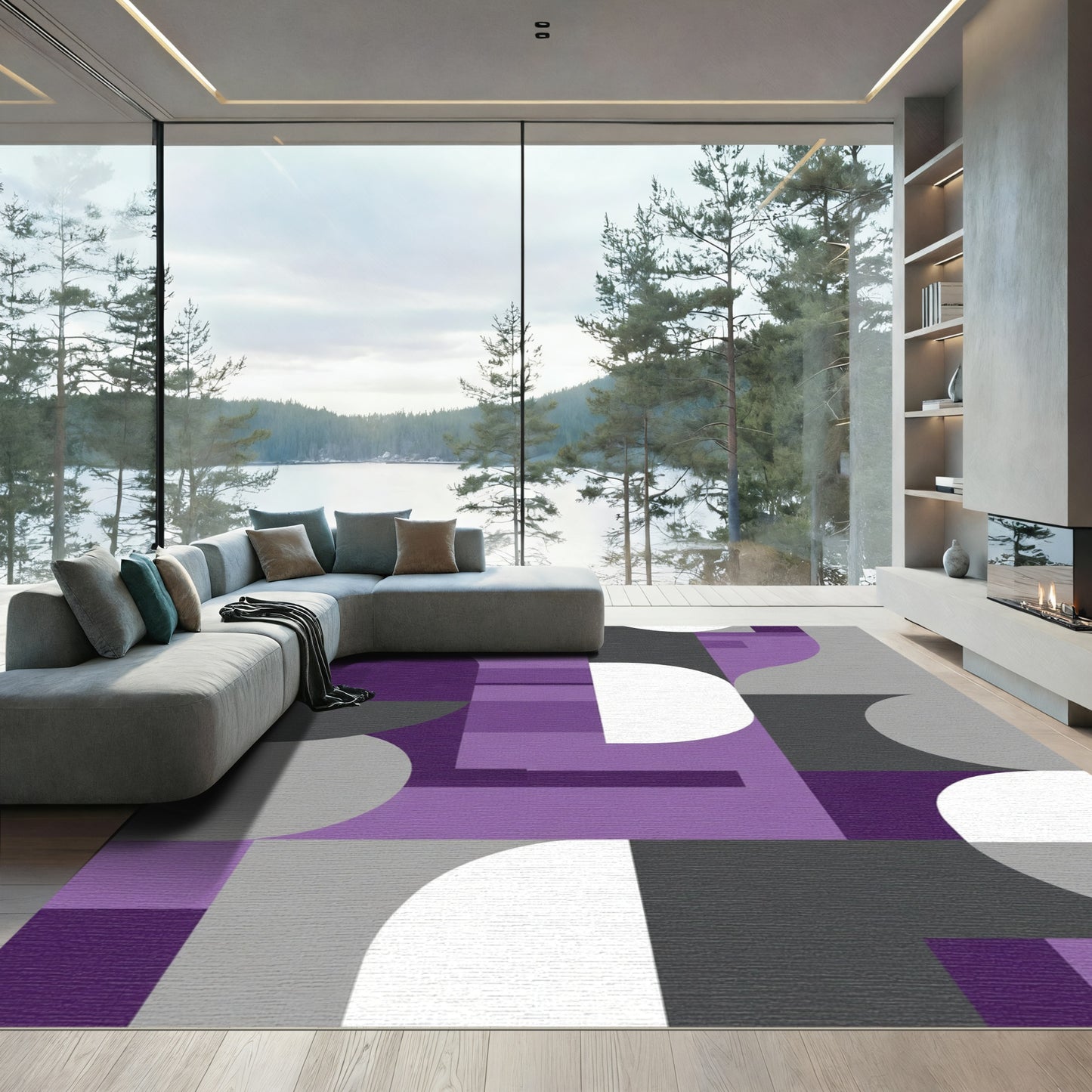 Modern Purple Gray Geometric Abstraction Rug