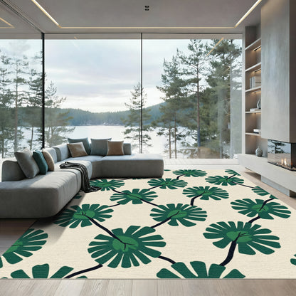 Leafy Green Flowers On Cream Background Rug