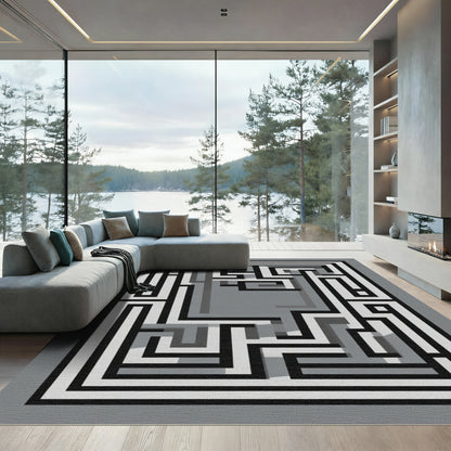 Geometric Maze Black White Gray Rug