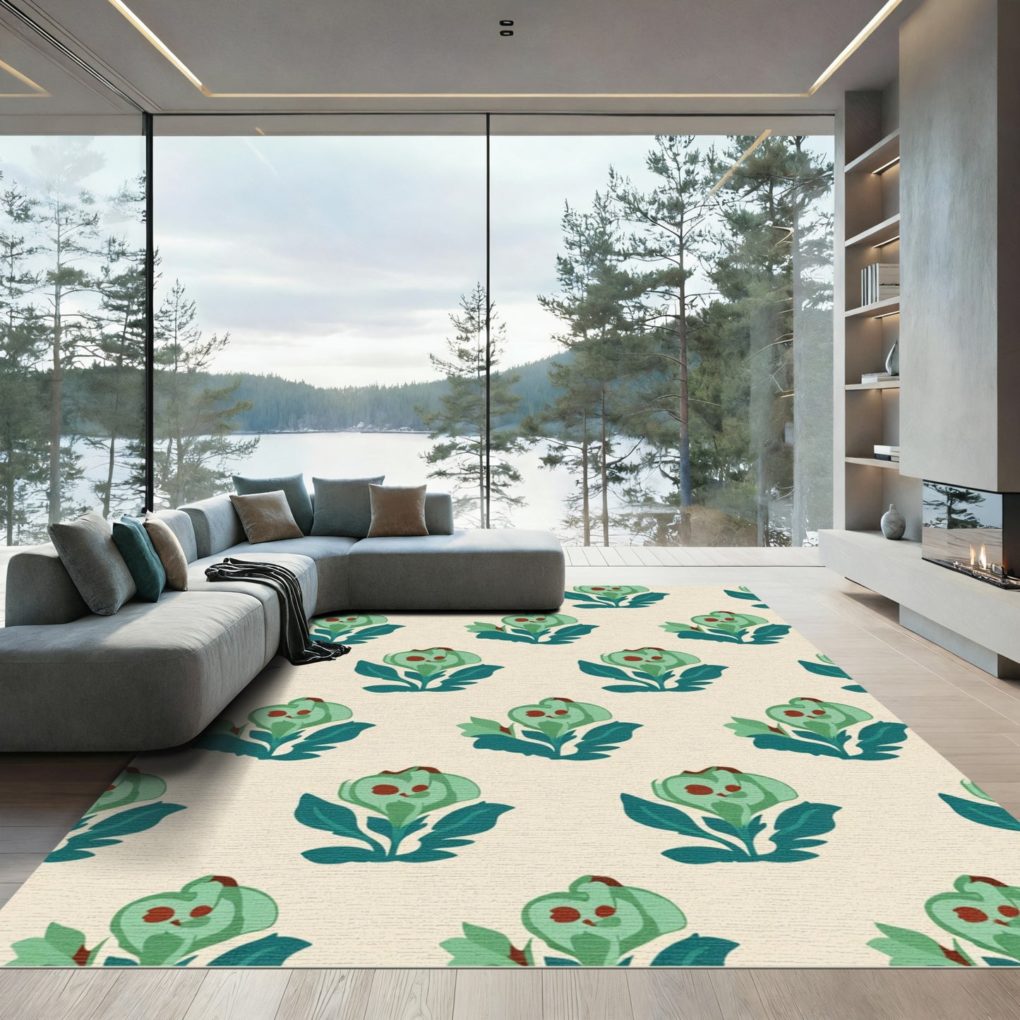 Teal Floral Bud Cream Repeat Rug