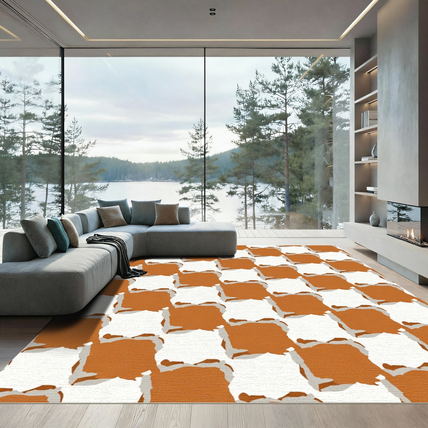 Terracotta White Jagged Checkered Rug