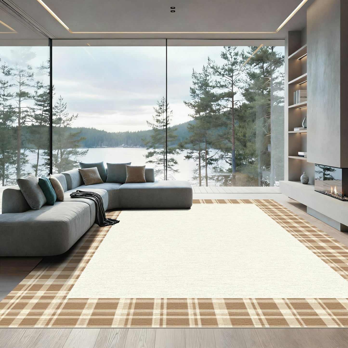 Brown and Beige Plaid Border Rug