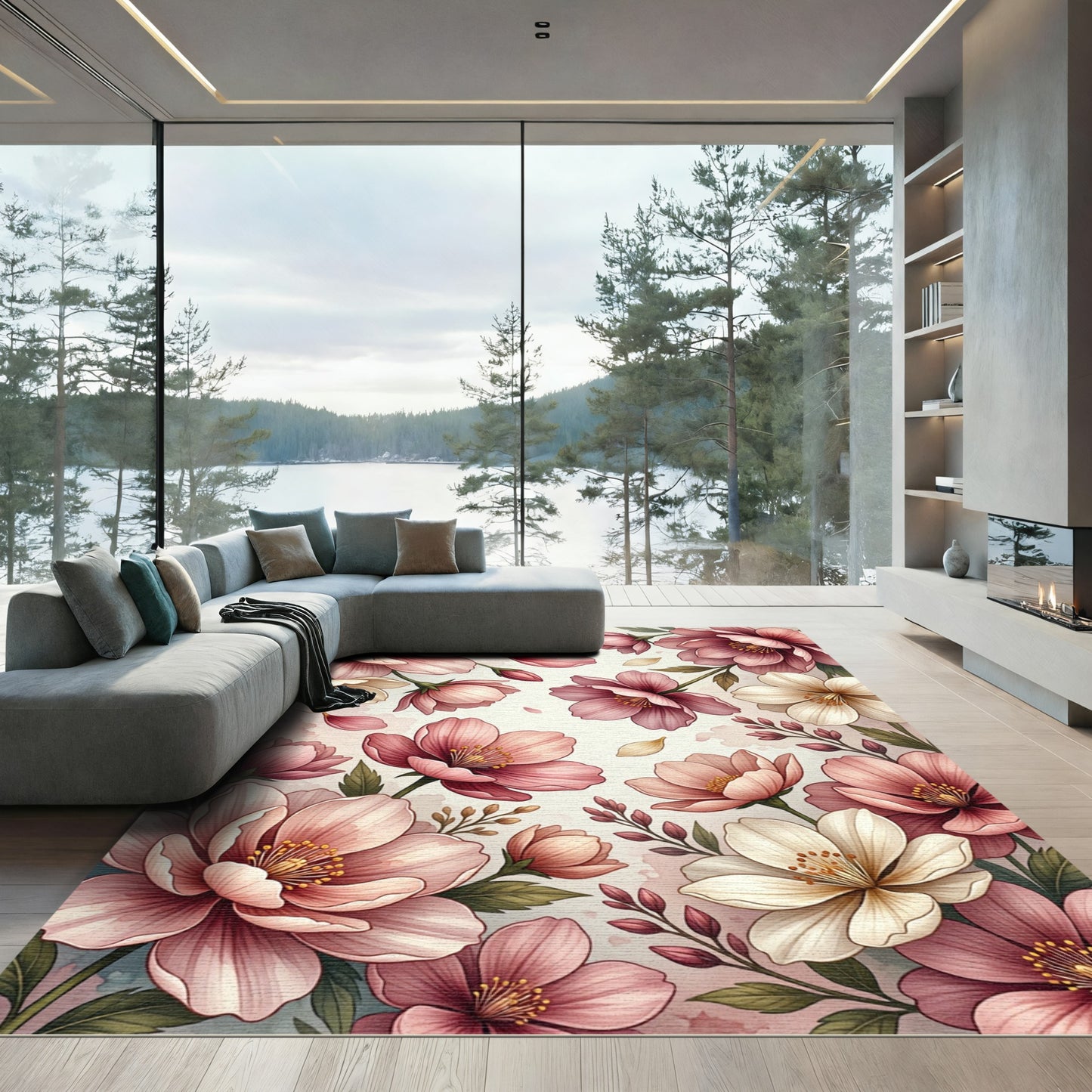 Soft Pink Blossom Botanical Illustration Rug