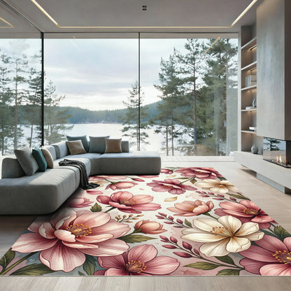 Soft Pink Blossom Botanical Illustration Rug