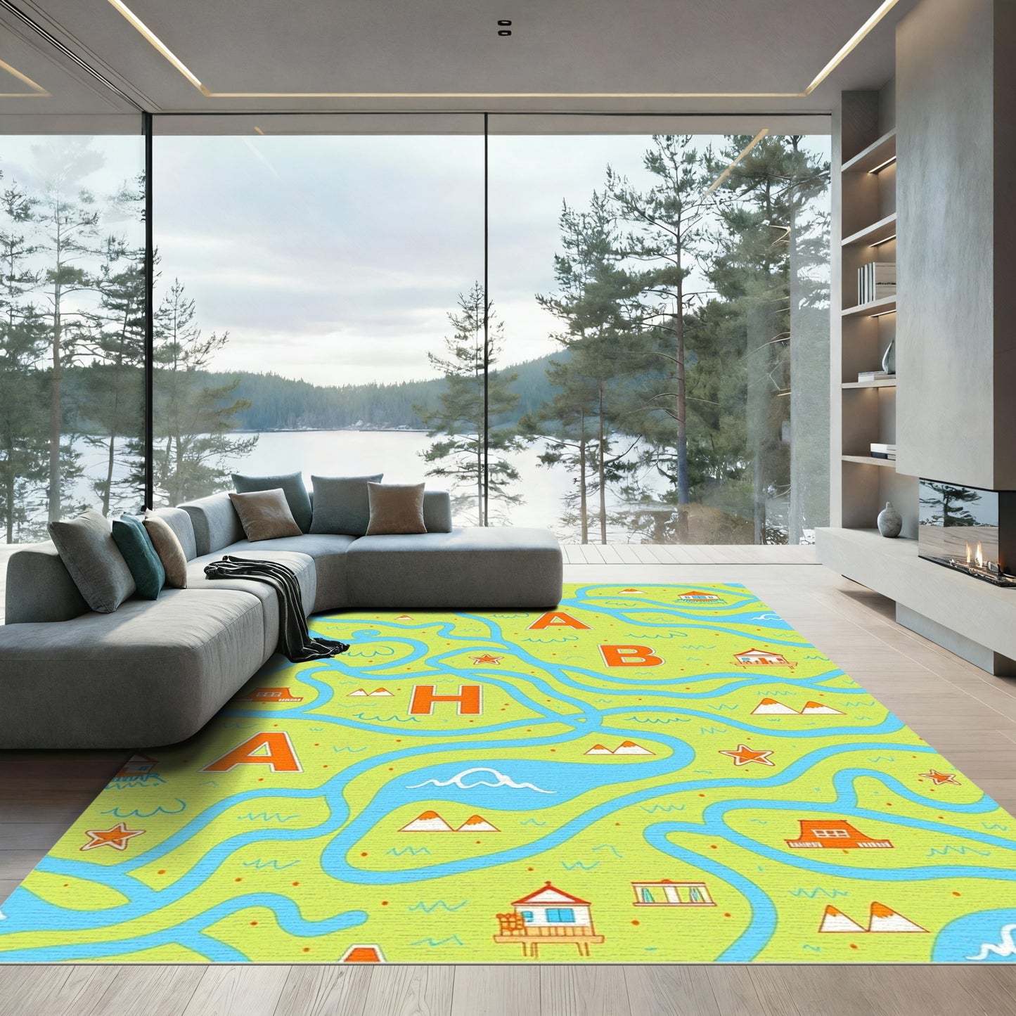 Whimsical Map Houses and Rivers Rug