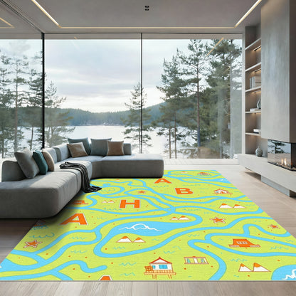 Whimsical Map Houses and Rivers Rug