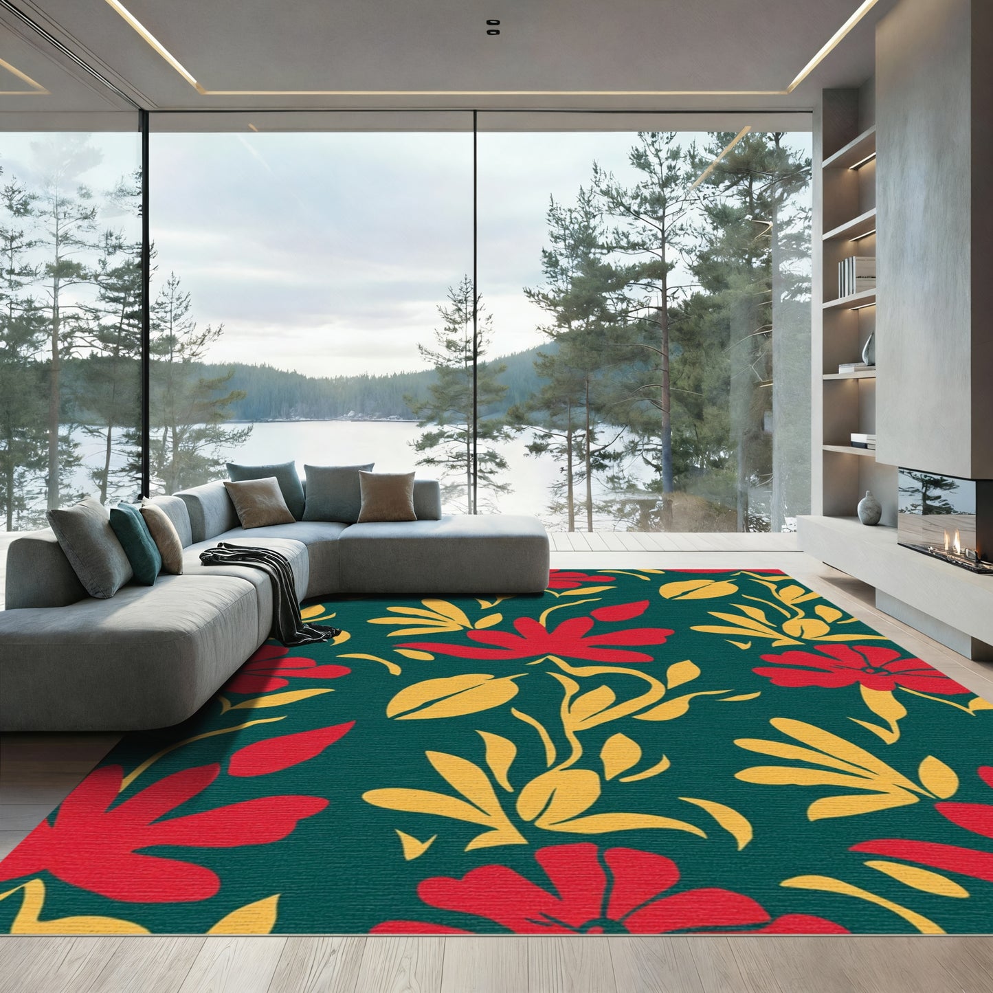 Crimson Red Yellow Floral Branching Rug