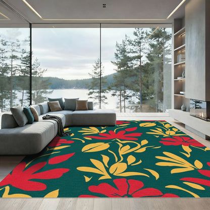 Crimson Red Yellow Floral Branching Rug