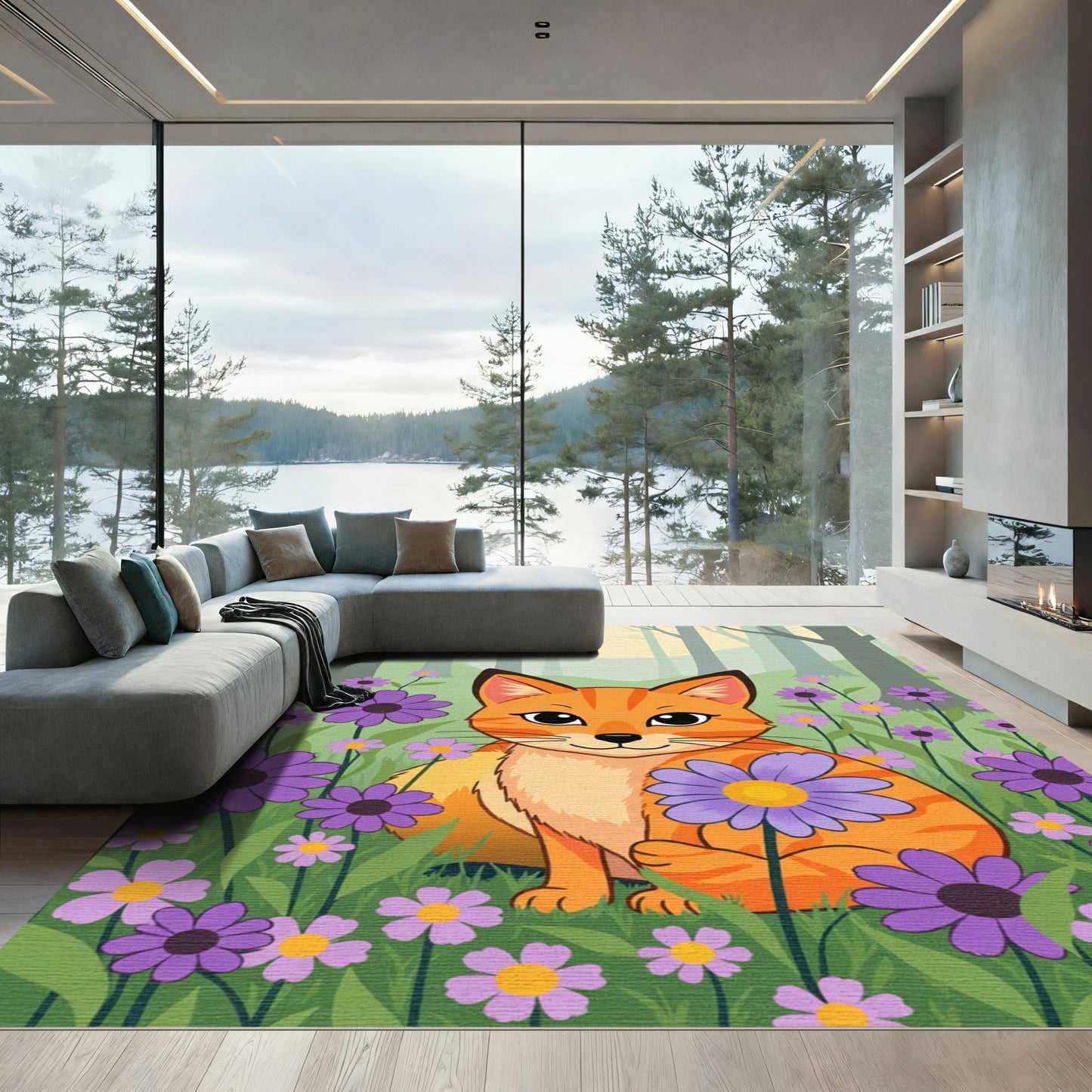 Charming Orange Cat Purple Flower Meadow Rug