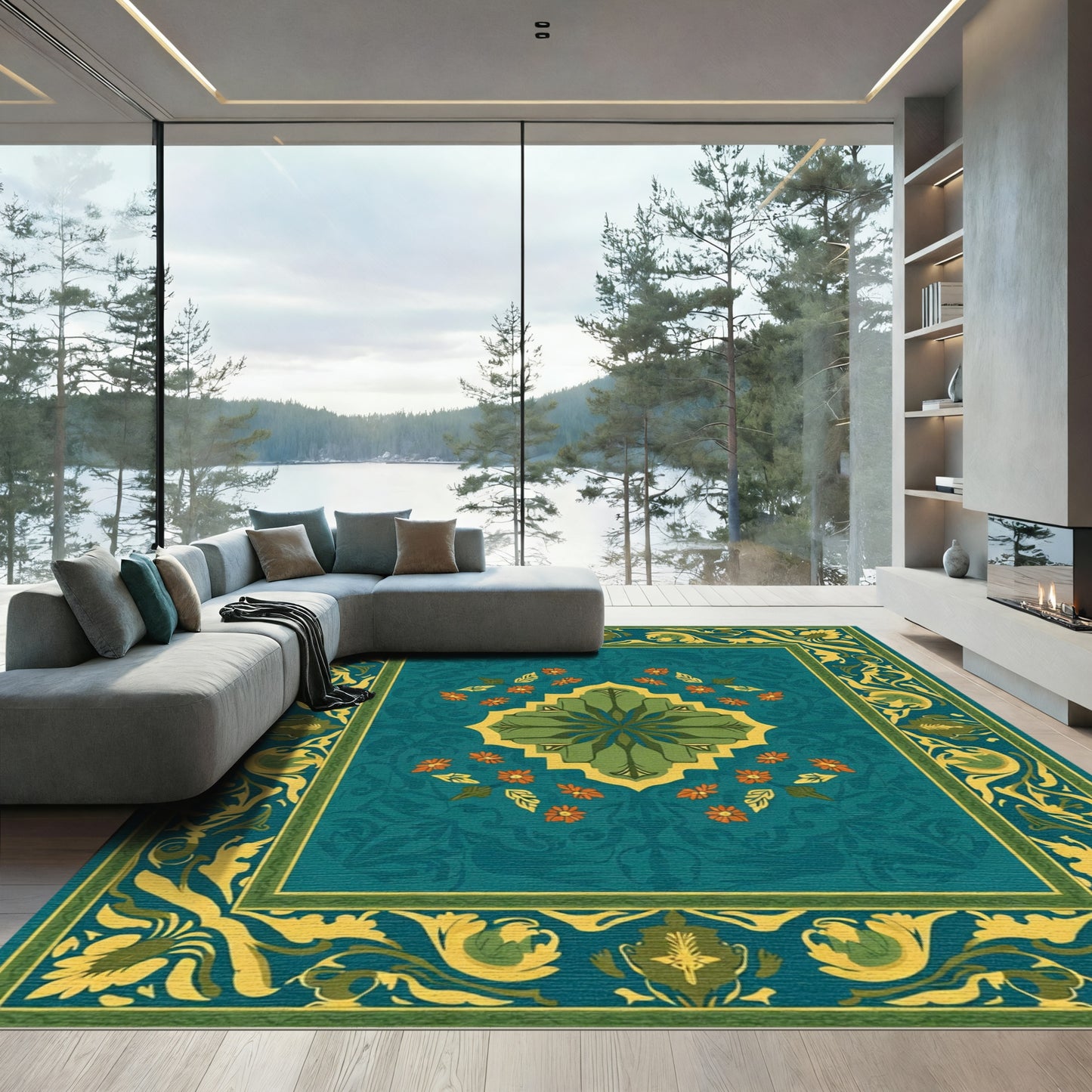Emerald Teal Floral Medallion Border Rug