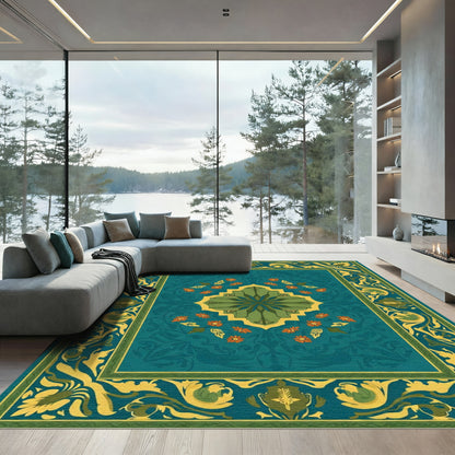 Emerald Teal Floral Medallion Border Rug