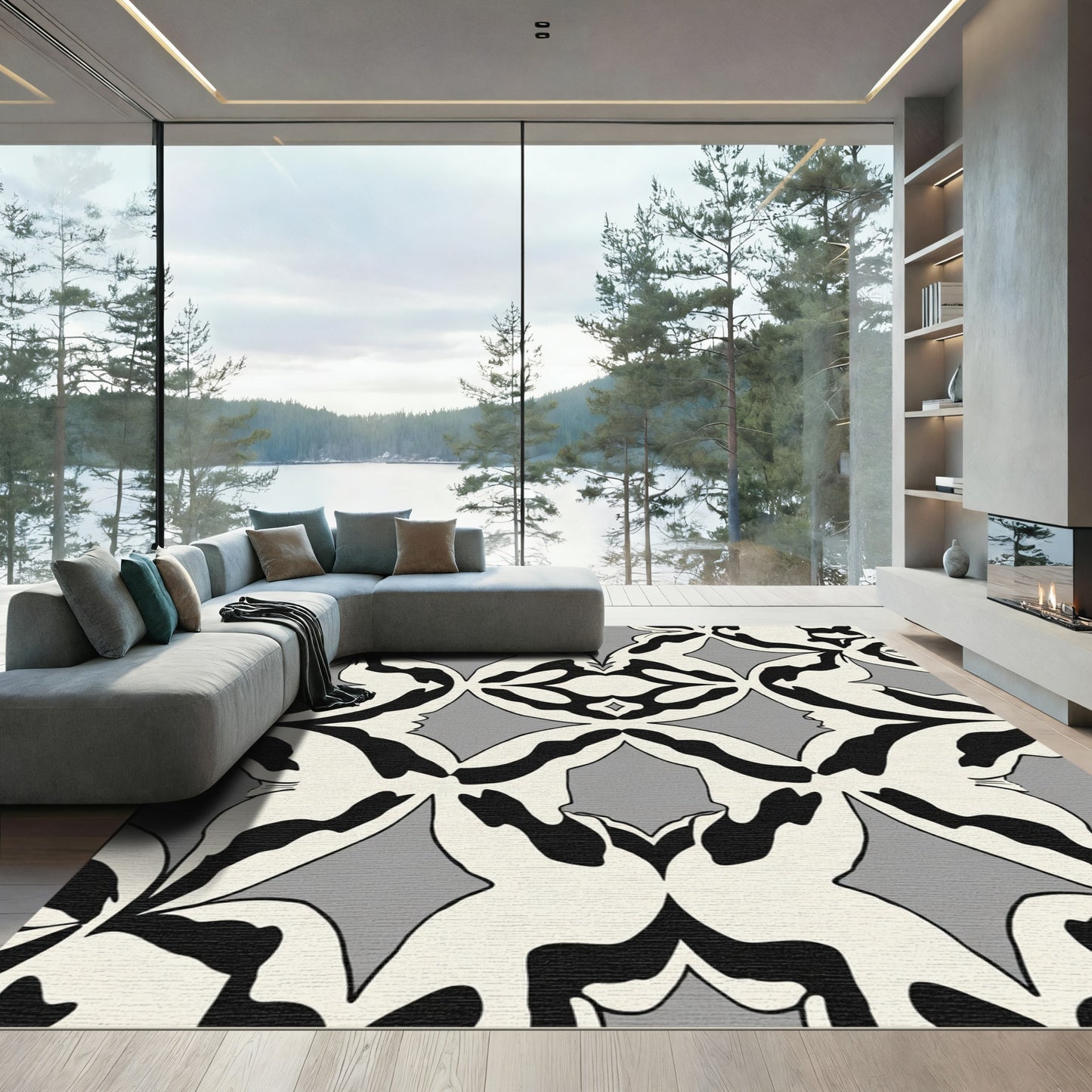 Bold Black Cream Symmetric Floral Rug