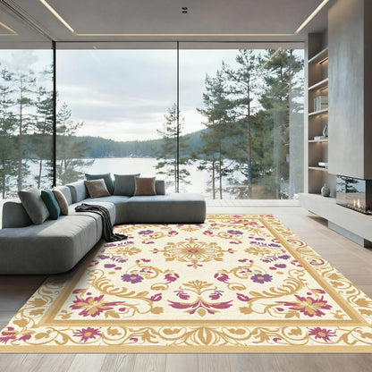 Cream Gold Purple Floral Medallion Rug