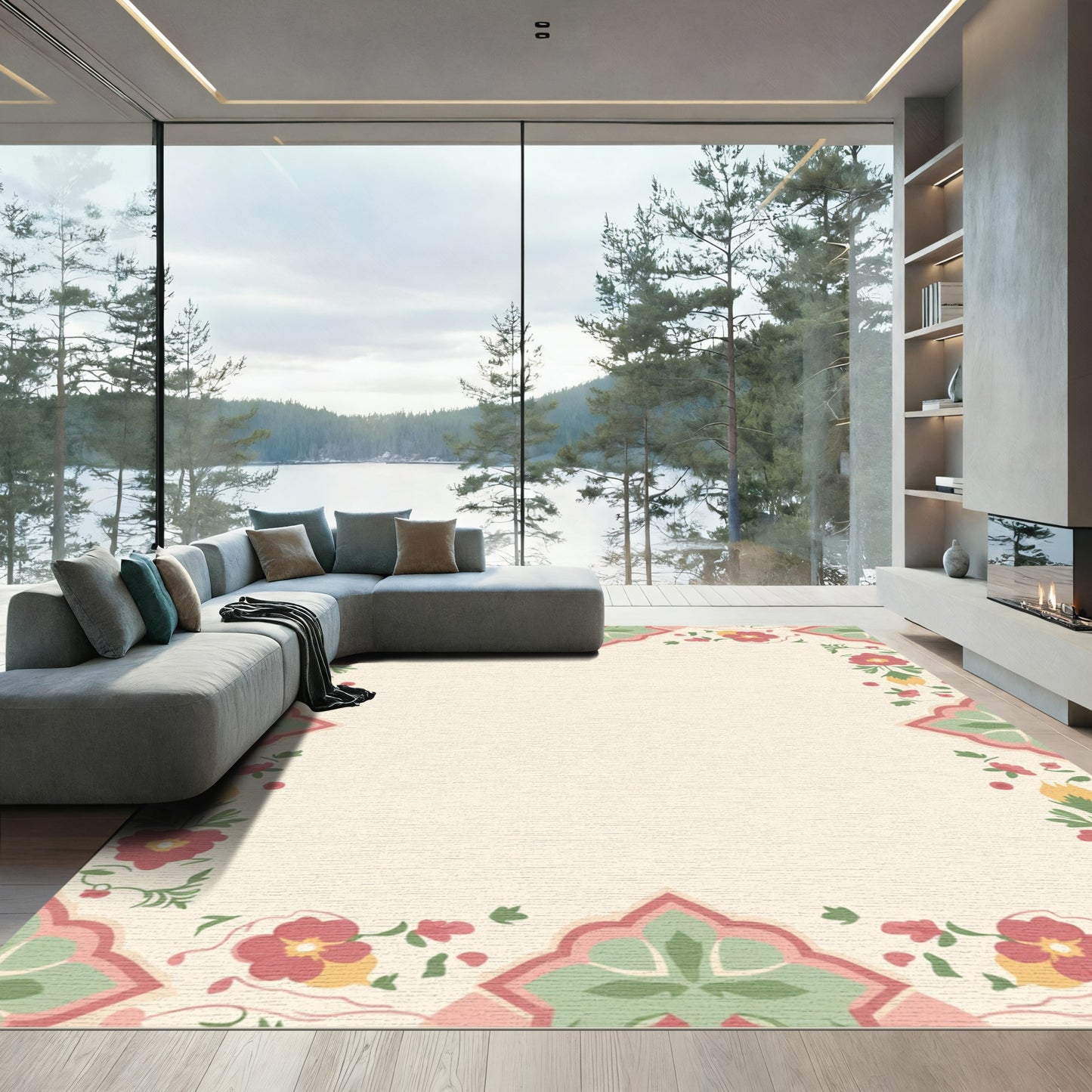 Tender Pink Green Floral Scroll Frame Rug