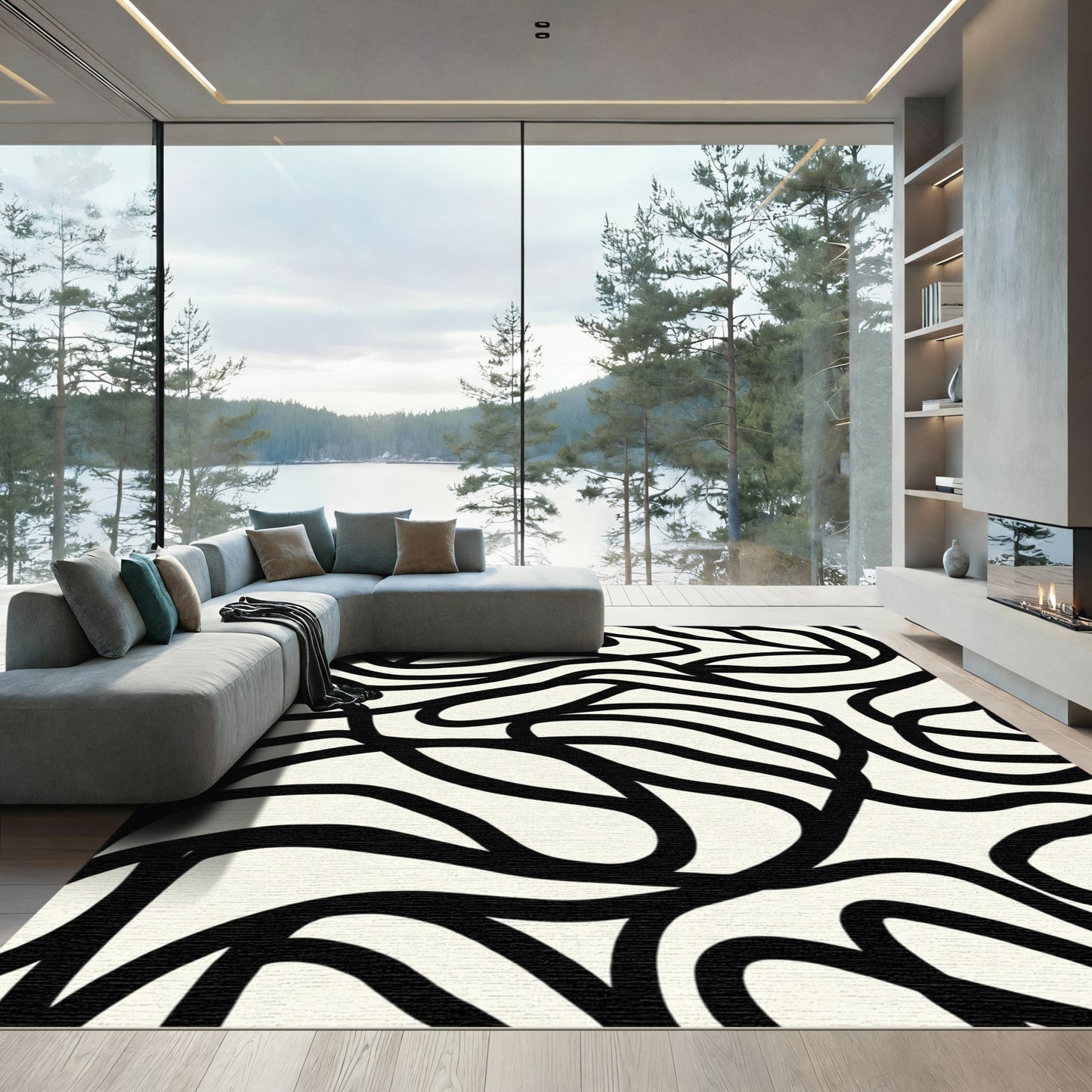 Black White Abstract Flowing Lines Rug