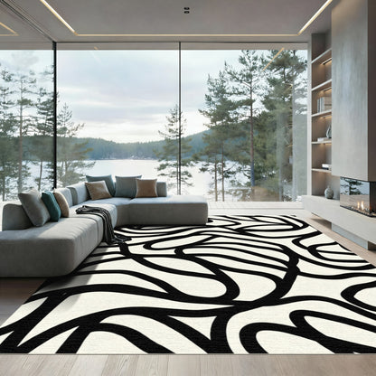 Black White Abstract Flowing Lines Rug