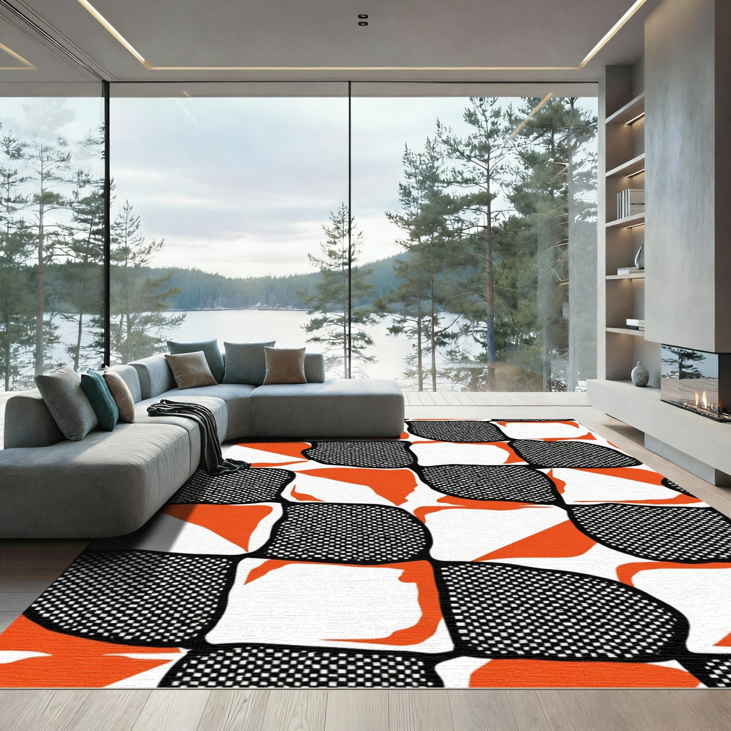 Bold Orange Black White Checkered Squares Rug