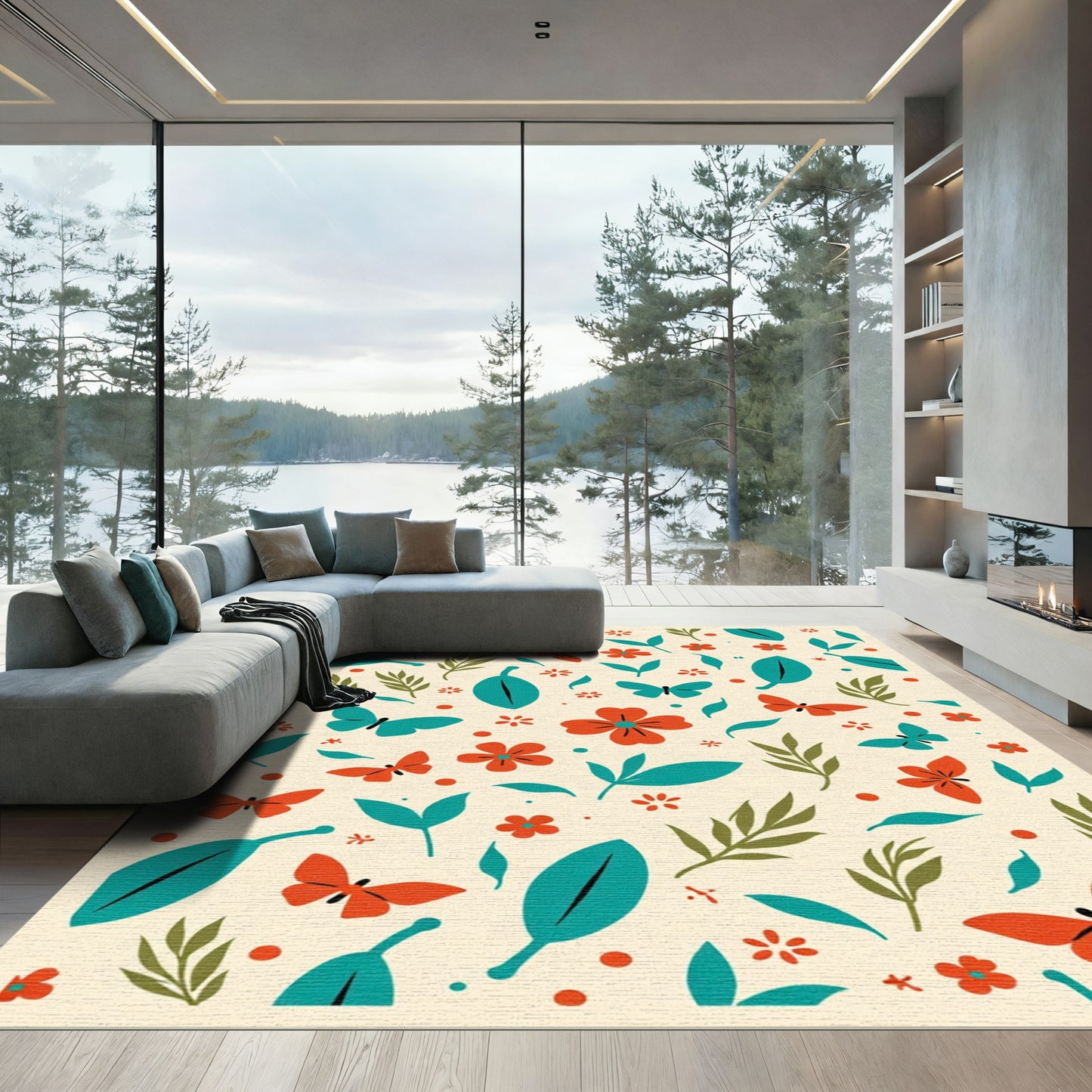 Coral Red Butterfly and Teal Leaf Pattern Rug