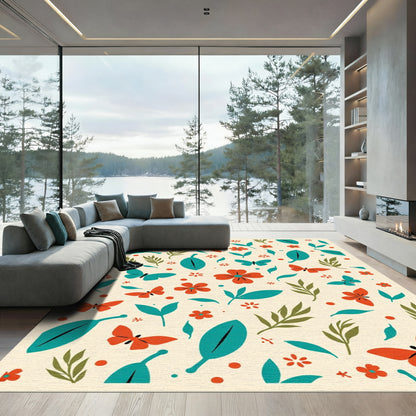 Coral Red Butterfly and Teal Leaf Pattern Rug
