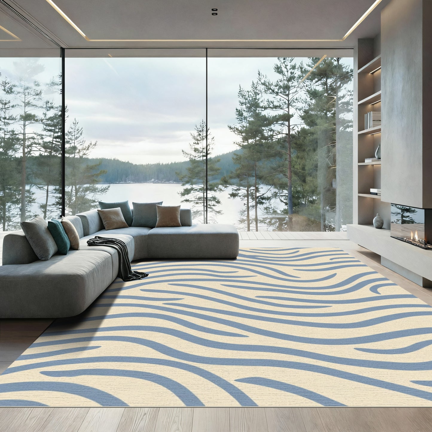 Abstract Blue Wavy Lines Rug