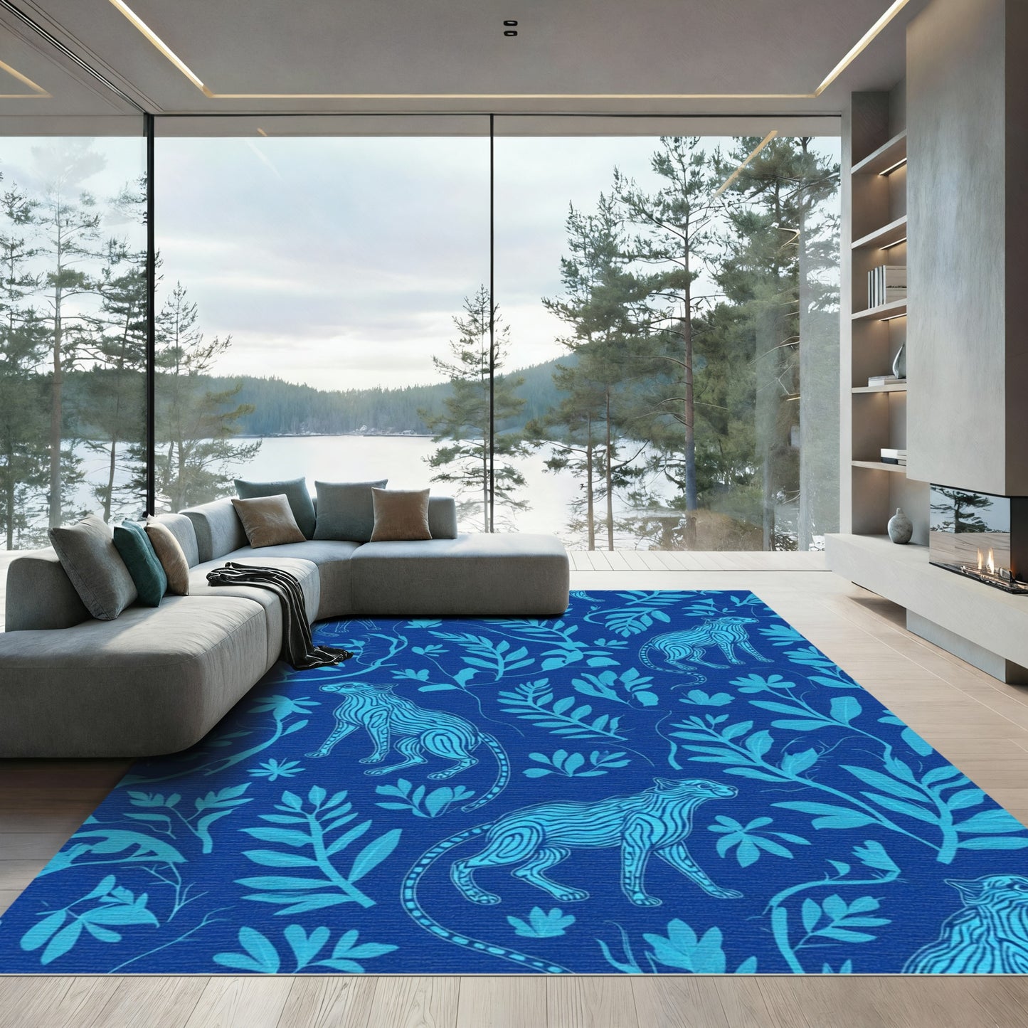 Blue Leaping Wildcat Floral Garden Rug
