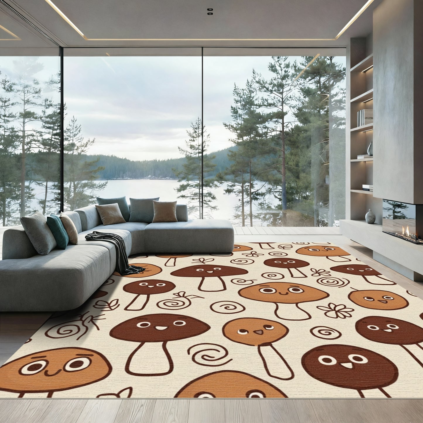 Cute Brown Mushroom Whimsical Forest Pattern Rug