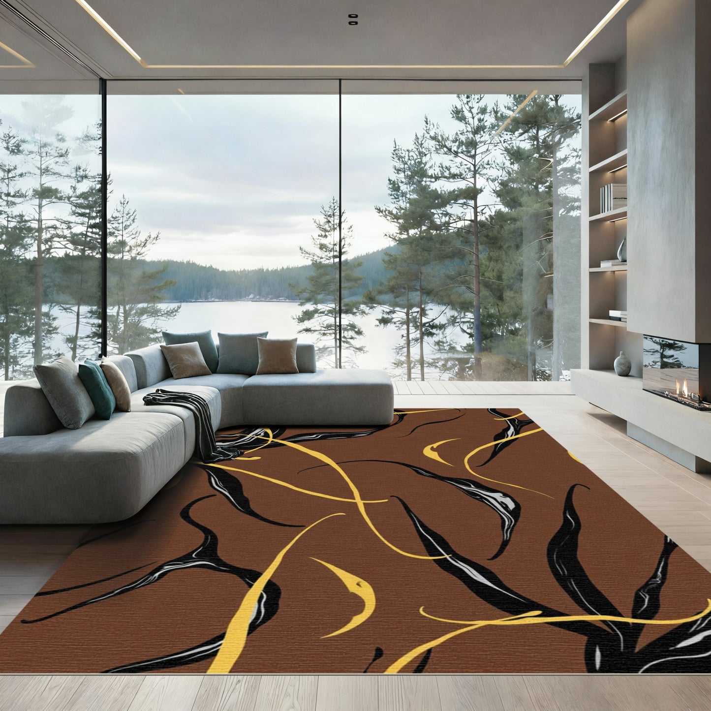 Brown Black Yellow Abstract Swirl Rug