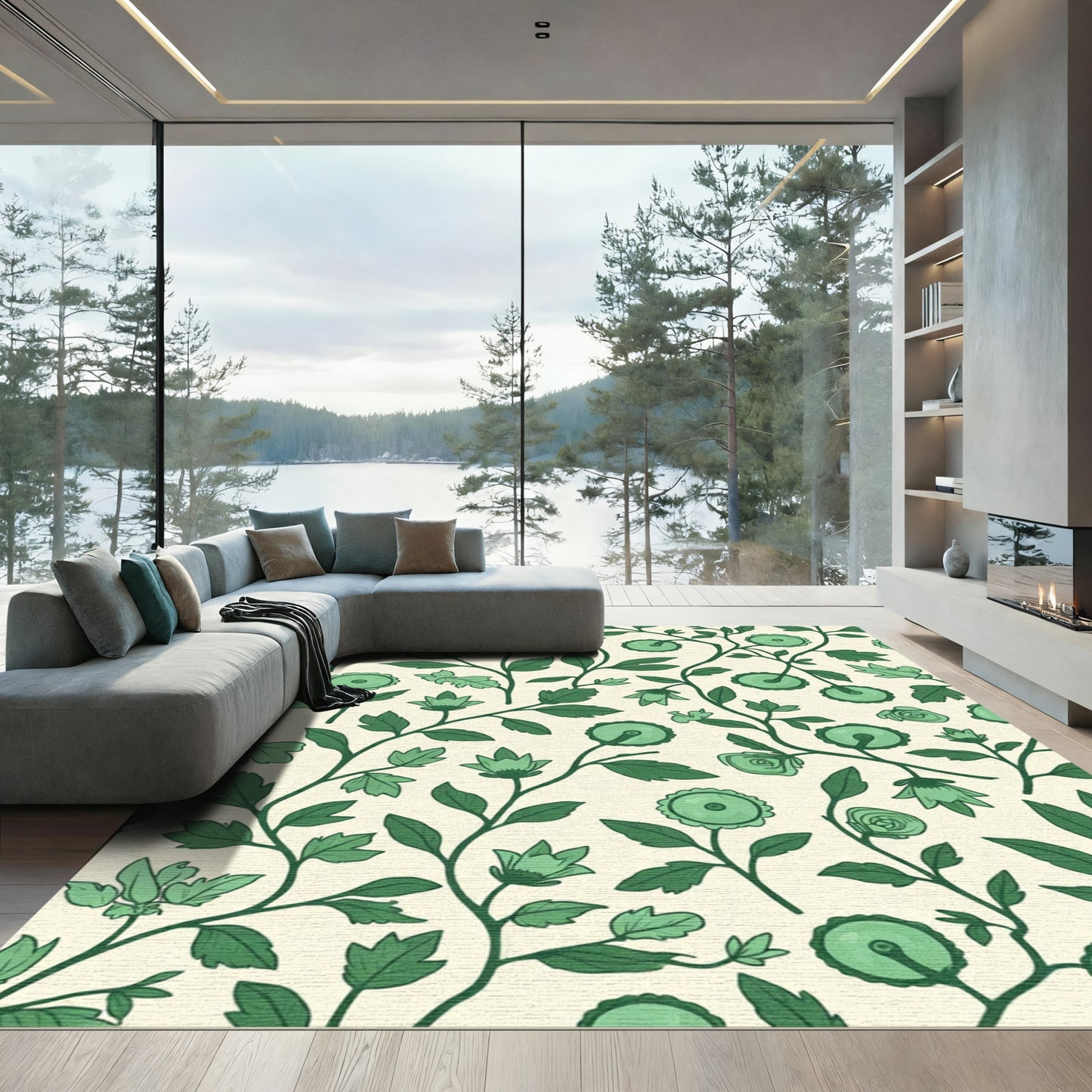 Green Botanical Vine Floral Rug