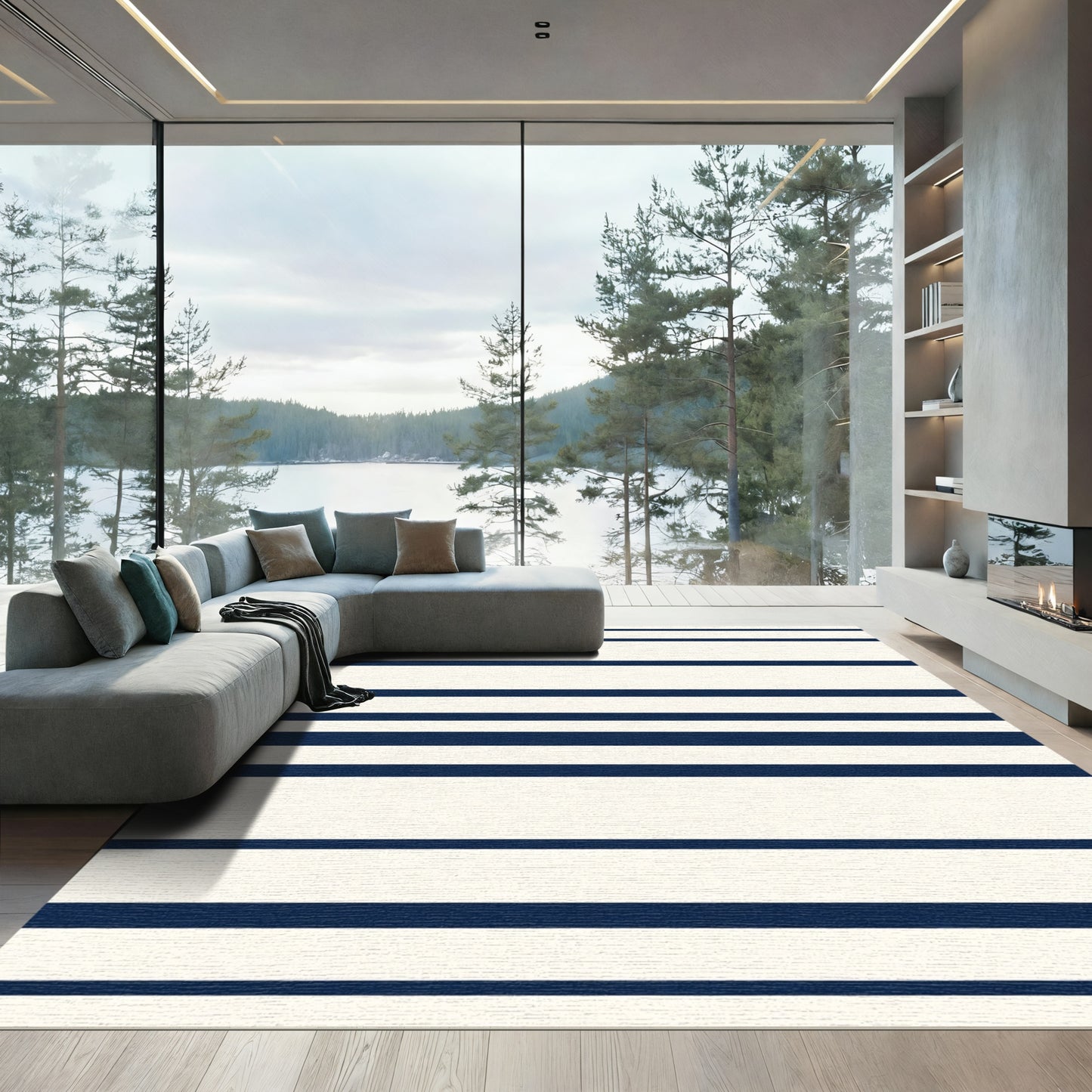 Classic Navy Cream Horizontal Stripes Rug