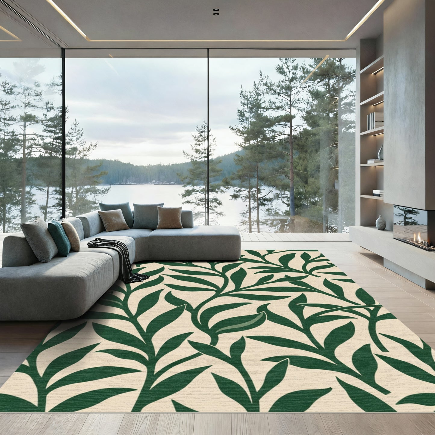 Deep Green Leafy Branch Pattern Rug