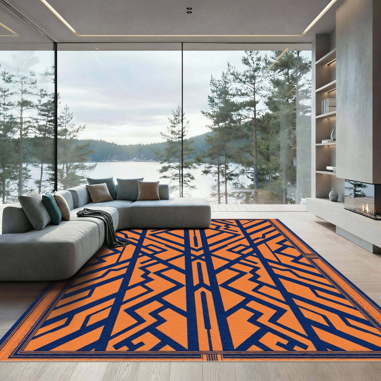 Ornate Blue Geometric Art Deco Composition Rug