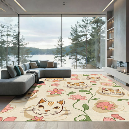 Whimsical Pink Floral Cat Faces Rug