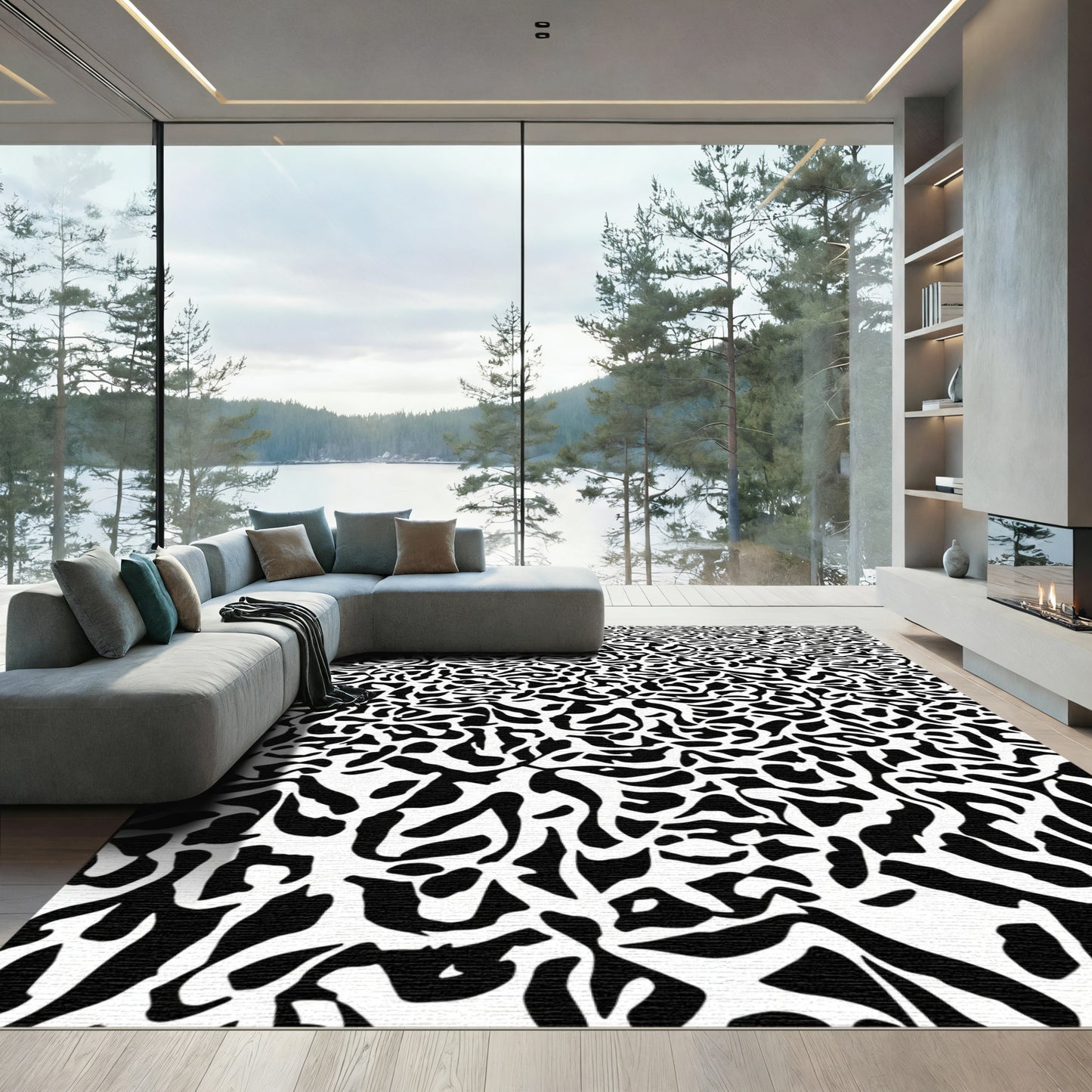 Asymmetrical Black White Organic Flow Rug