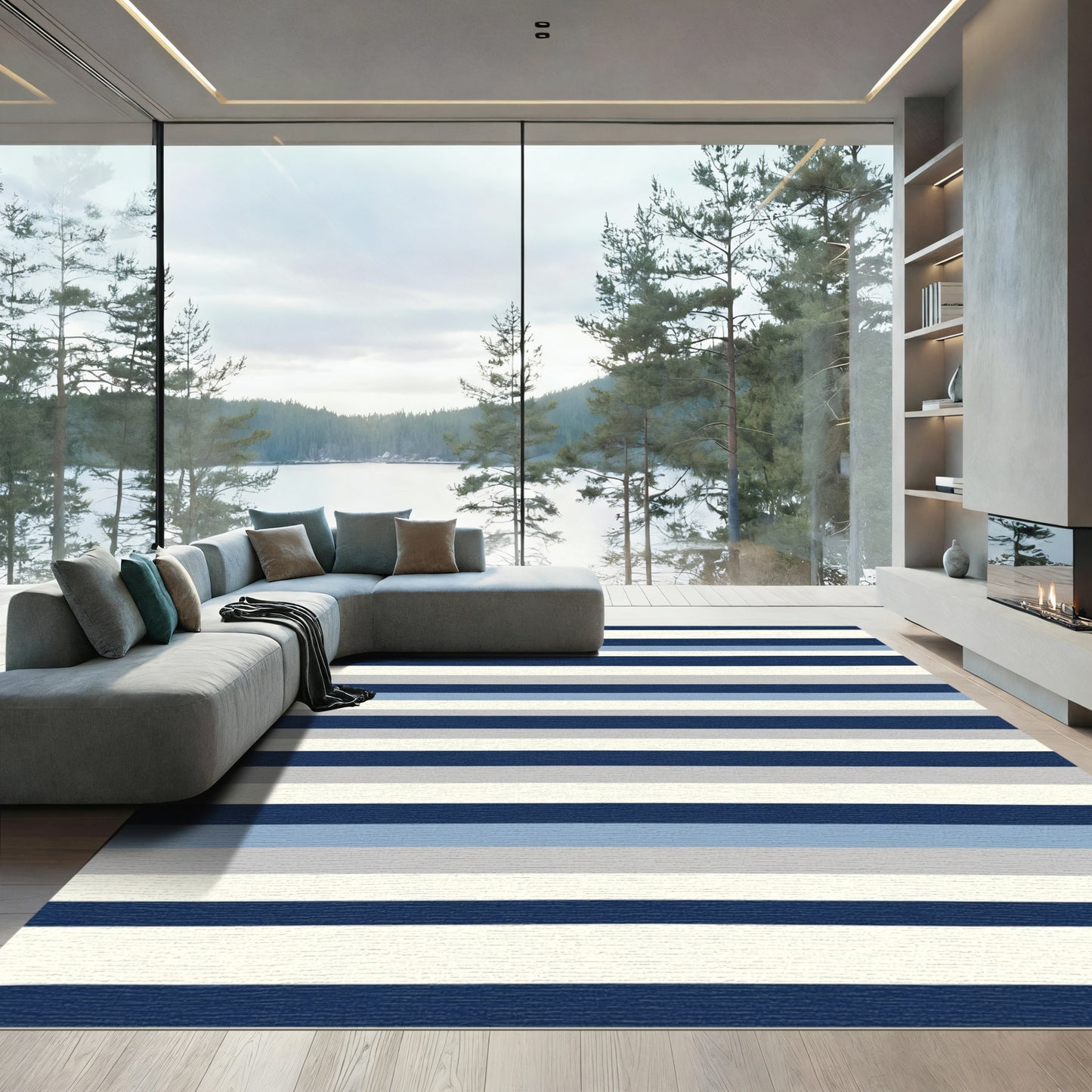 Bold Navy Blue Striped Rug