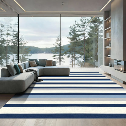 Bold Navy Blue Striped Rug