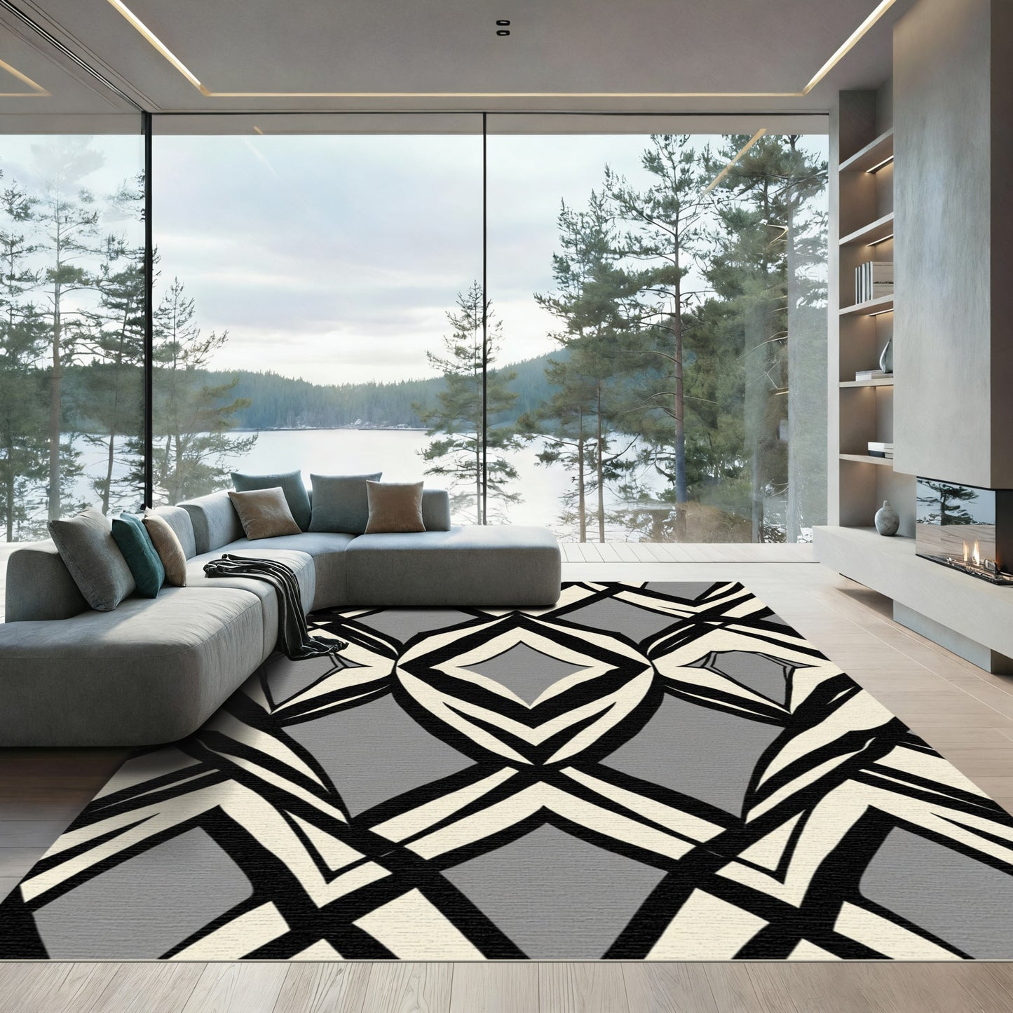 Geometric Cream Black Diamond Overlay Rug