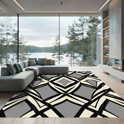 Geometric Cream Black Diamond Overlay Rug