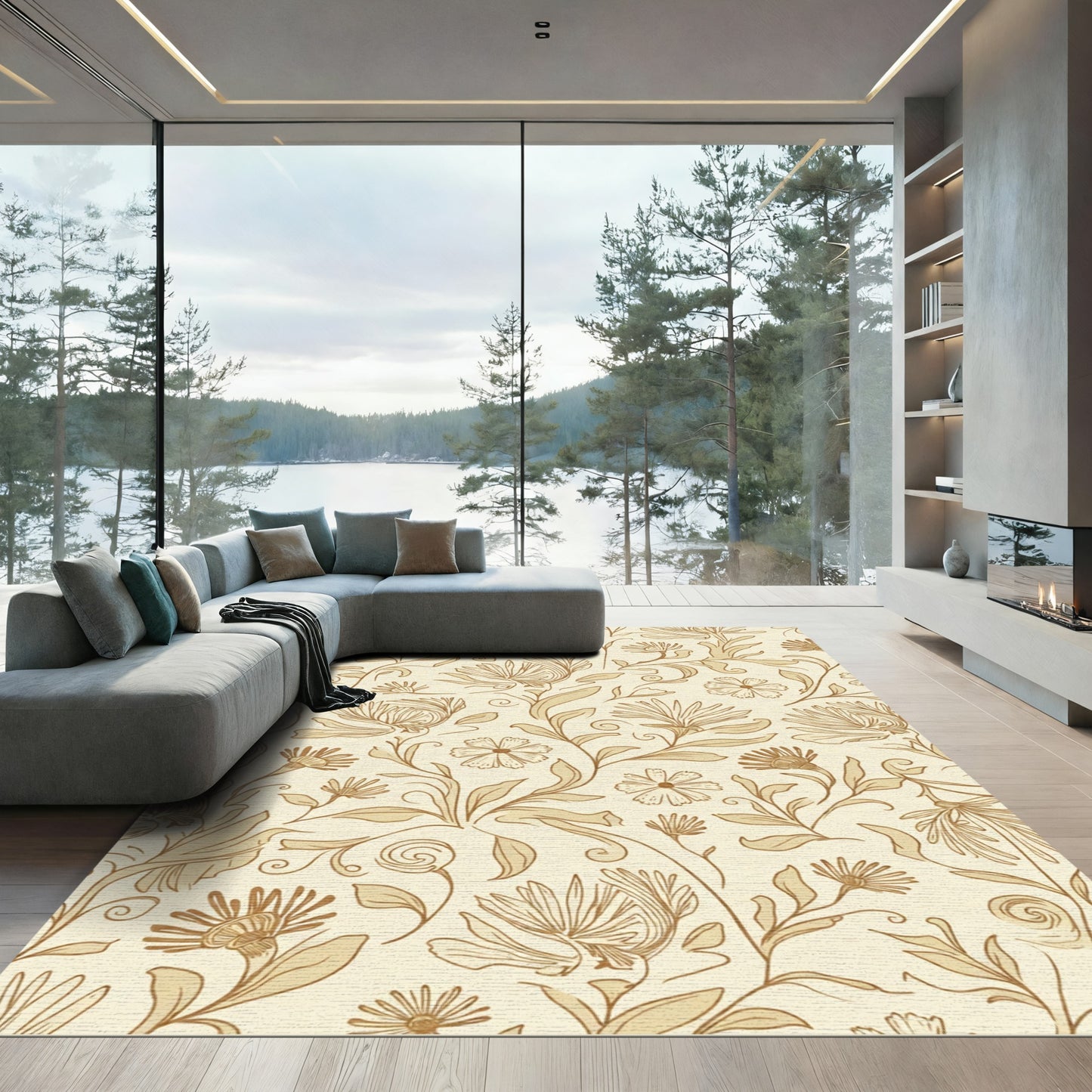 Vintage Tan Floral Vine Arrangement Rug