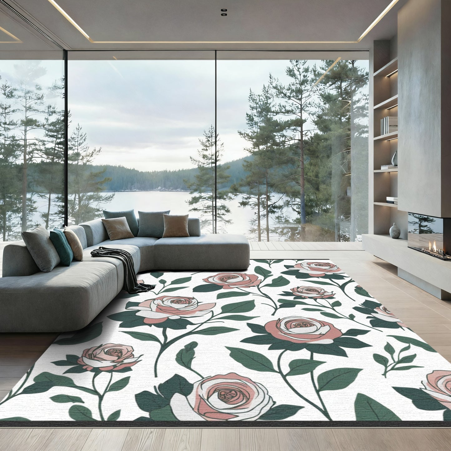 Pink White Rose Floral Arrangement Rug