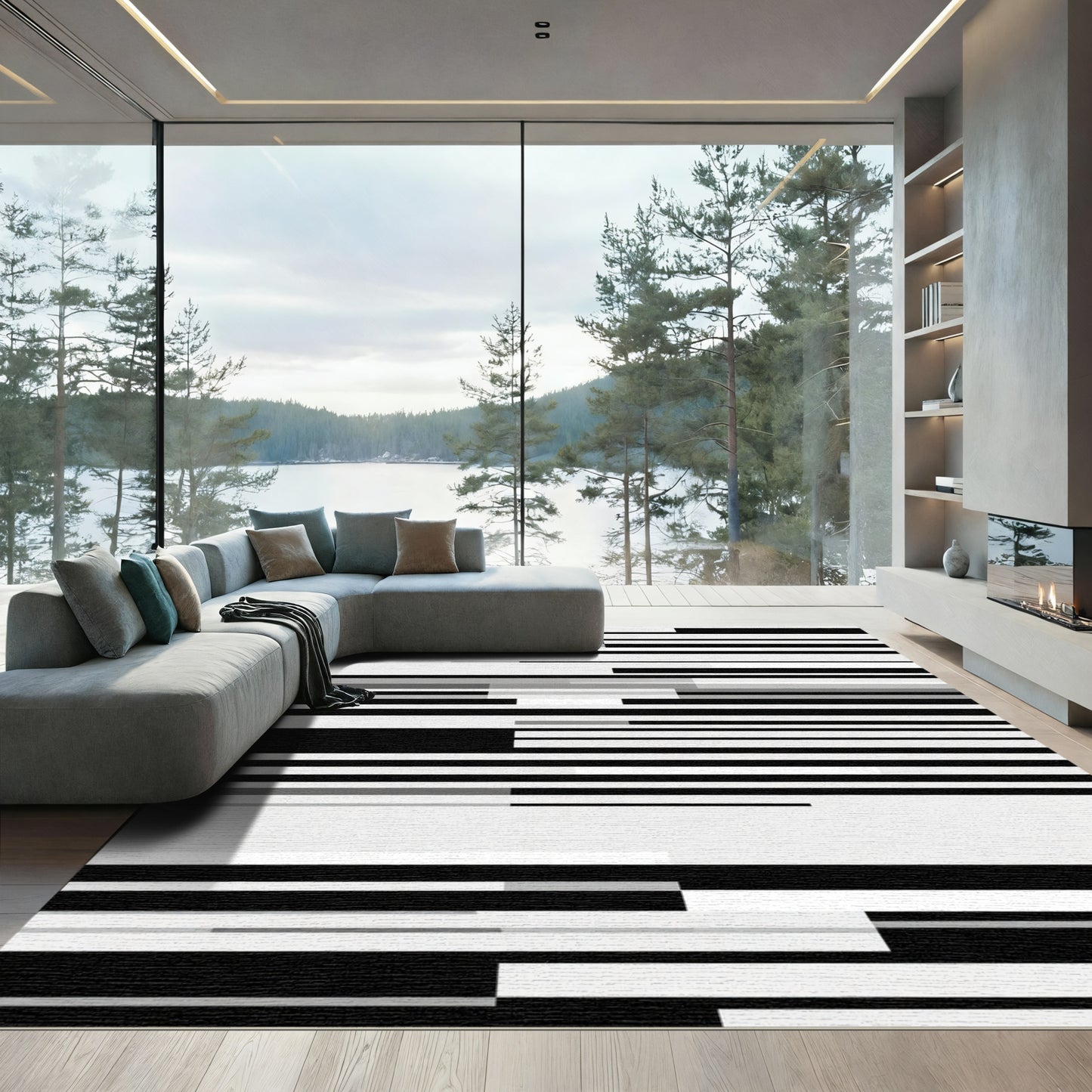 Monochromatic Black White Glitch Stripes Rug