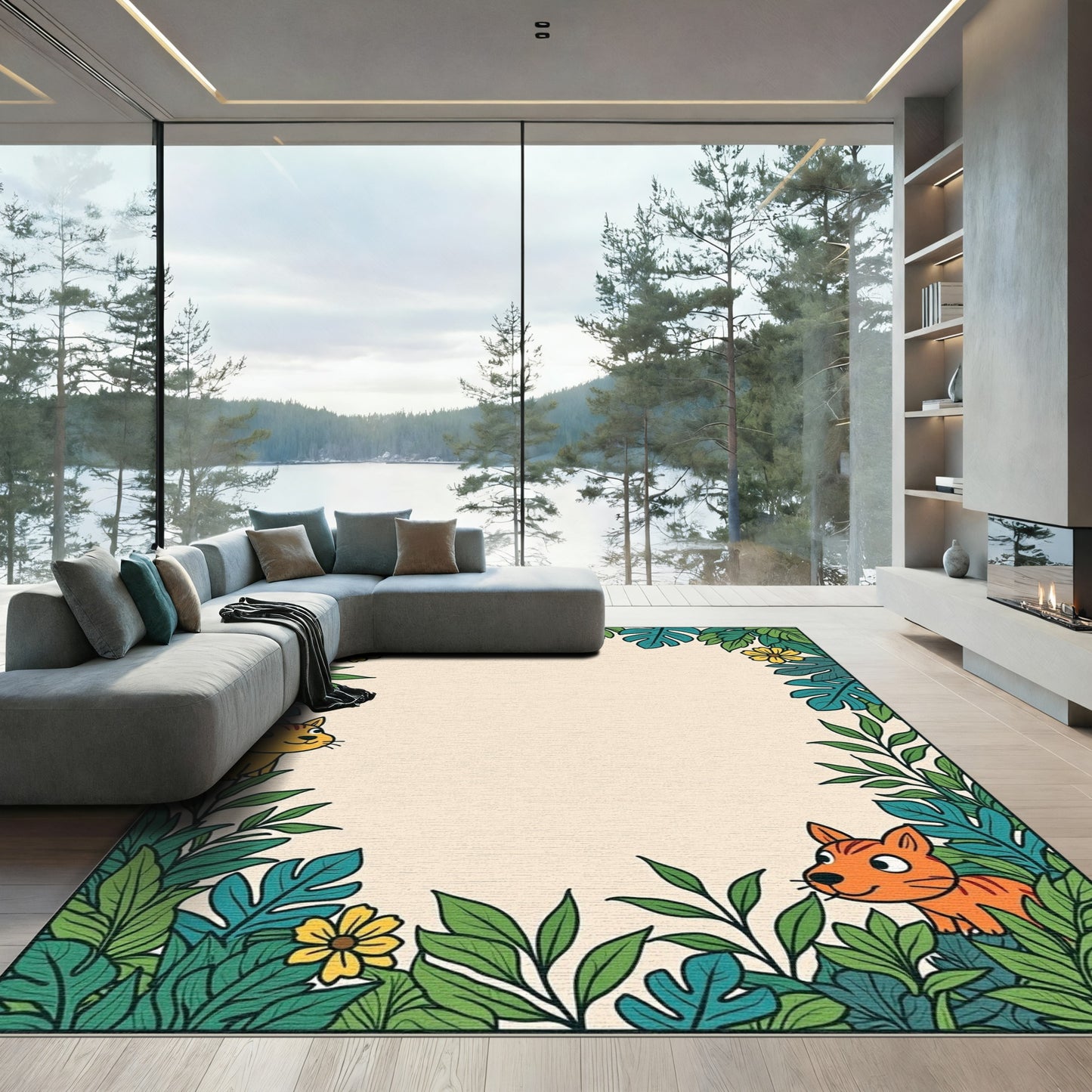 Whimsical Jungle Scene Cat Floral Rug